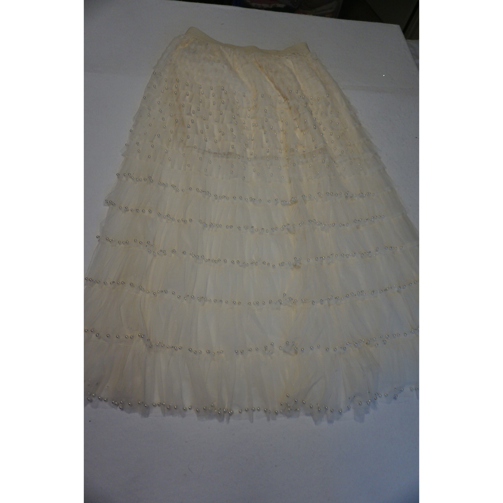 POL Cream Tulle Tiered Skirt Pearl Accents FWS6 Womens Size S/M Boho Romantic