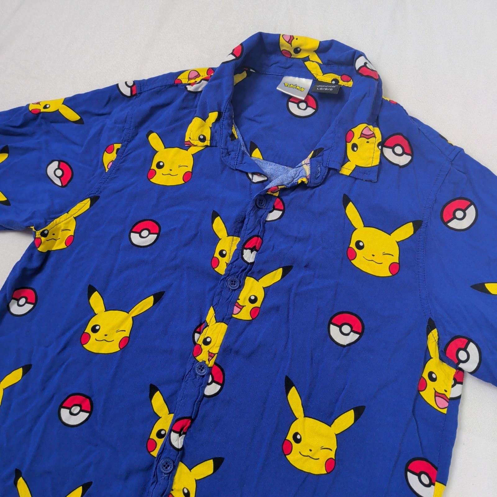 Pokemon Pikachu Poke Ball Blue Button Up Shirt Boys Large