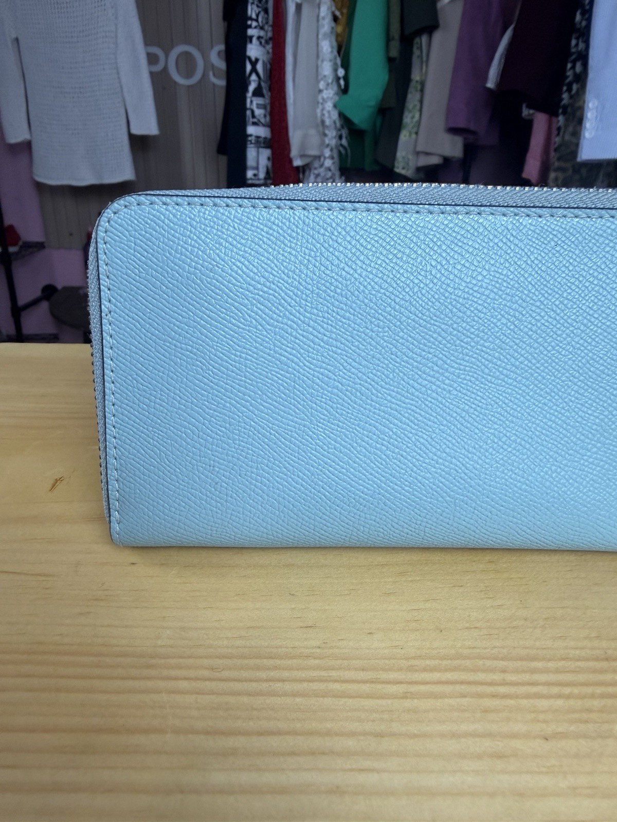 Authentic Coach Light Blue Crossgrain Leather Zip Around Wallet
