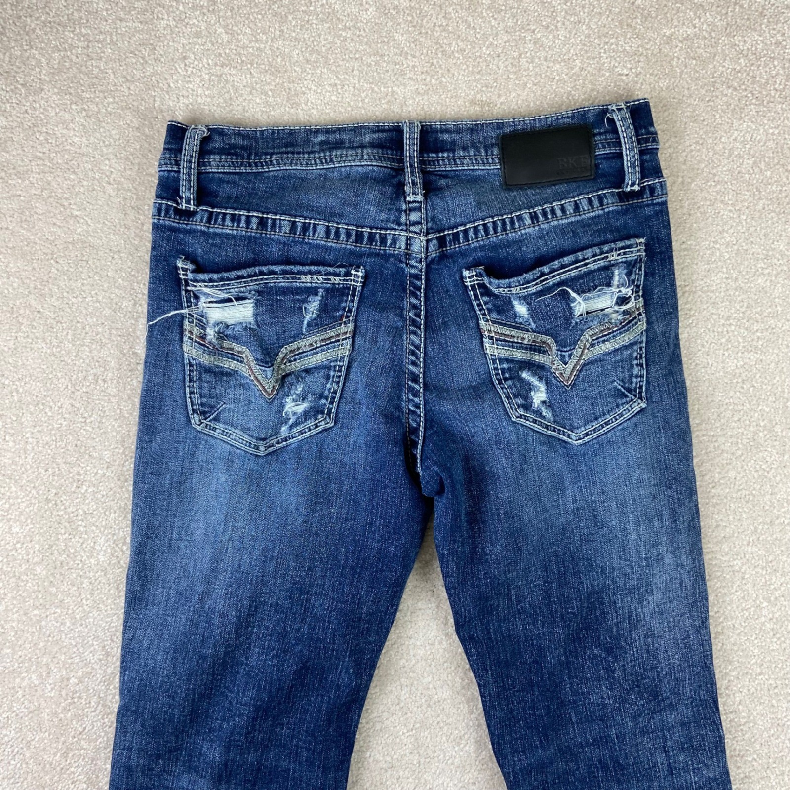 BKE Jake Jeans Mens 32×34 Blue Distressed Bootcut Dark Wash Stretch Denim