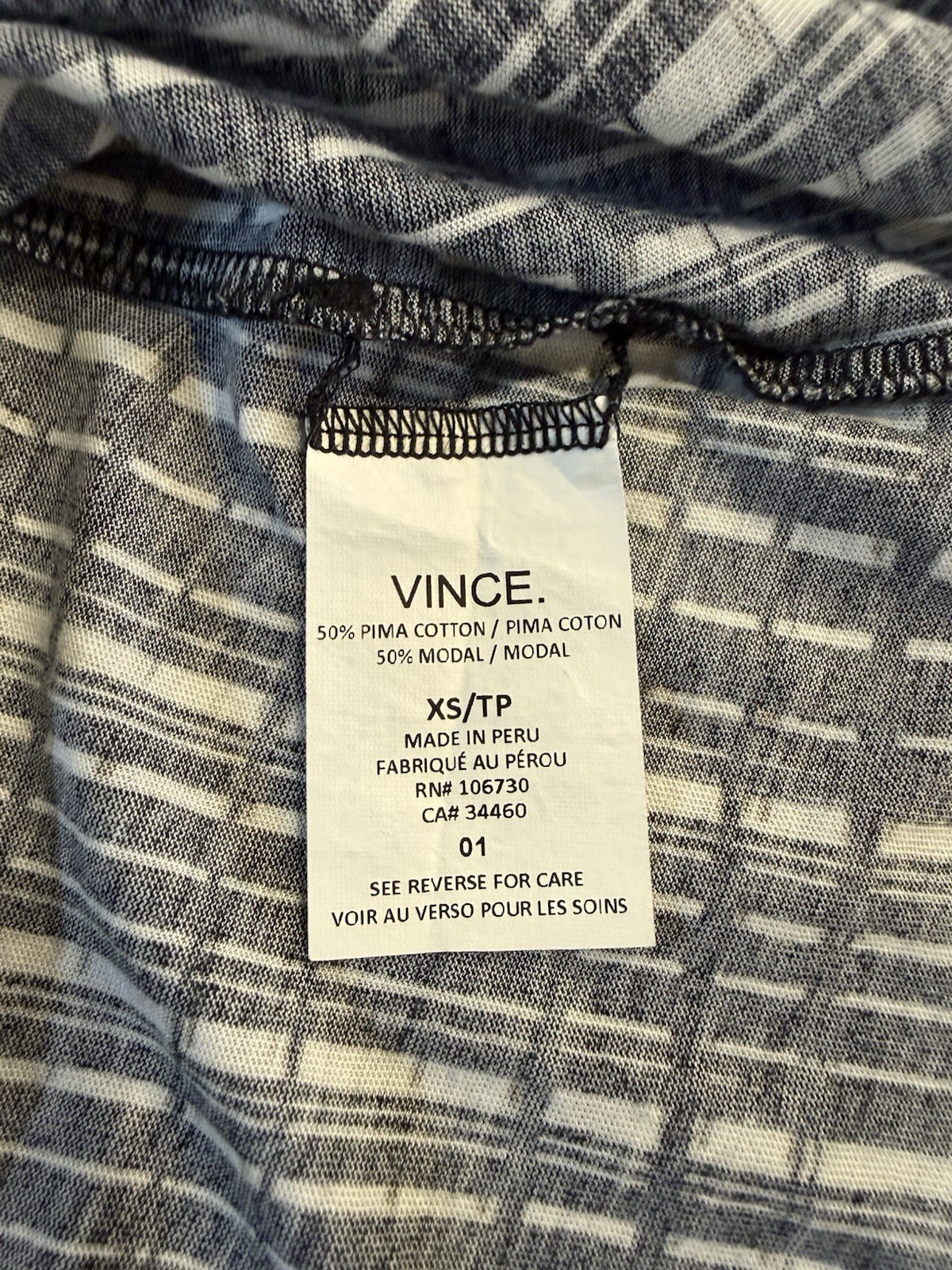 Vince Women’s XS Black White Windowpane Grid Print Pima Cotton Blend Top