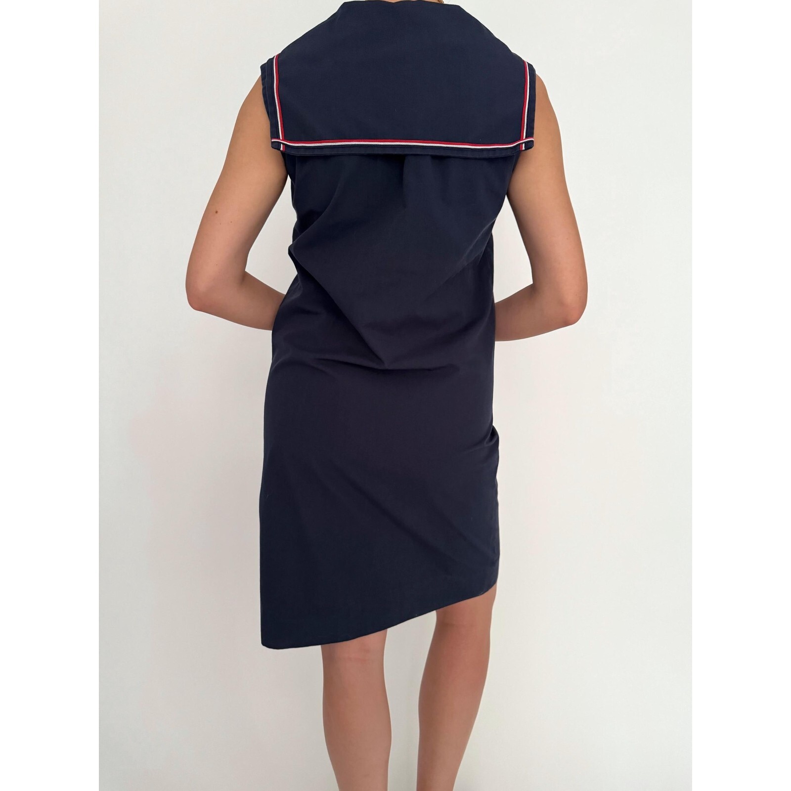 70s vintage navy blue nautical sailor collar retro pinup sleeveless midi dress