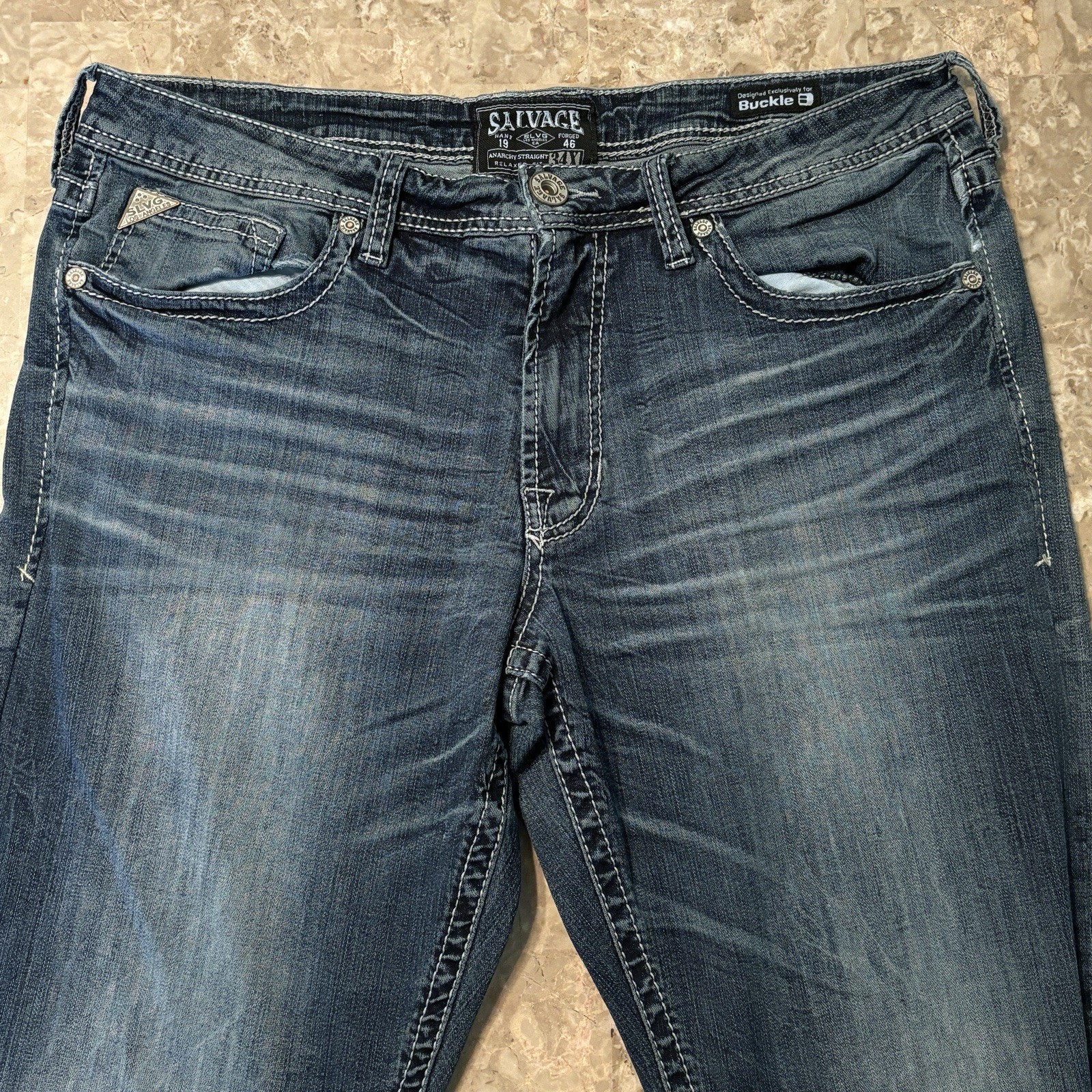 Salvage BKE Jeans Mens 34 (Fits 38×35) Blue Relaxed Straight Buckle Denim
