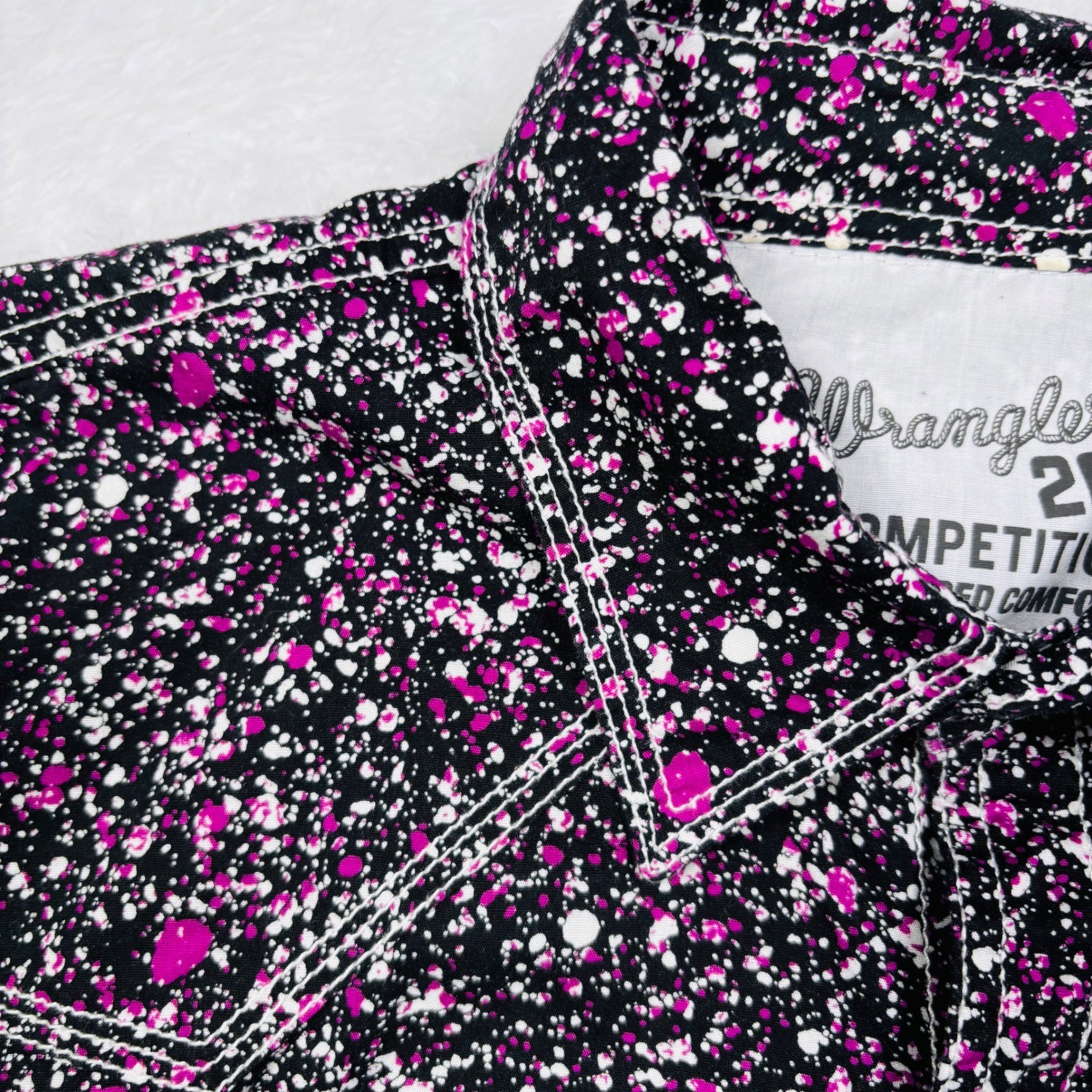 Wrangler 20X Western Shirt Men L Black Pink Paint Splatter Pearl Snap Flip Cuffs