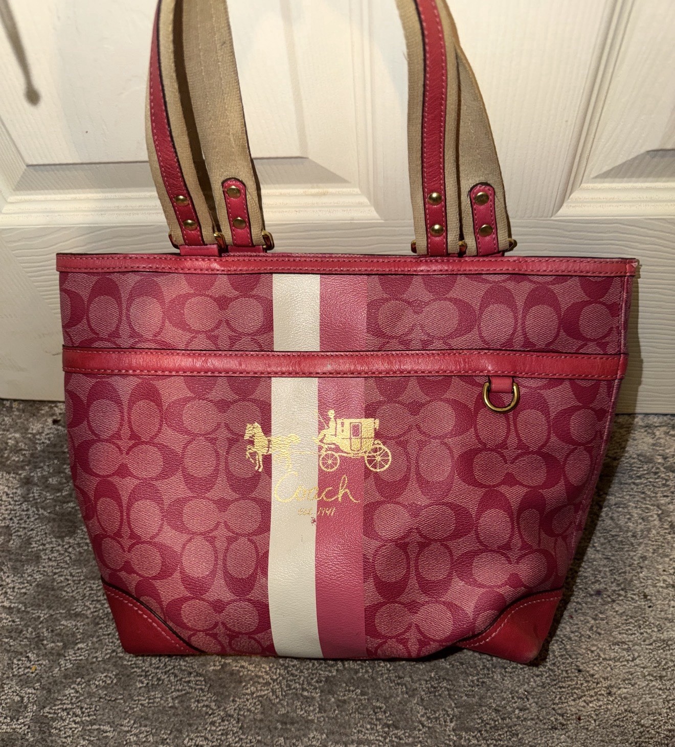 Coach Pink Signature Tote Bag Double Handles Zip Top Gold Hardware Inner Pockets