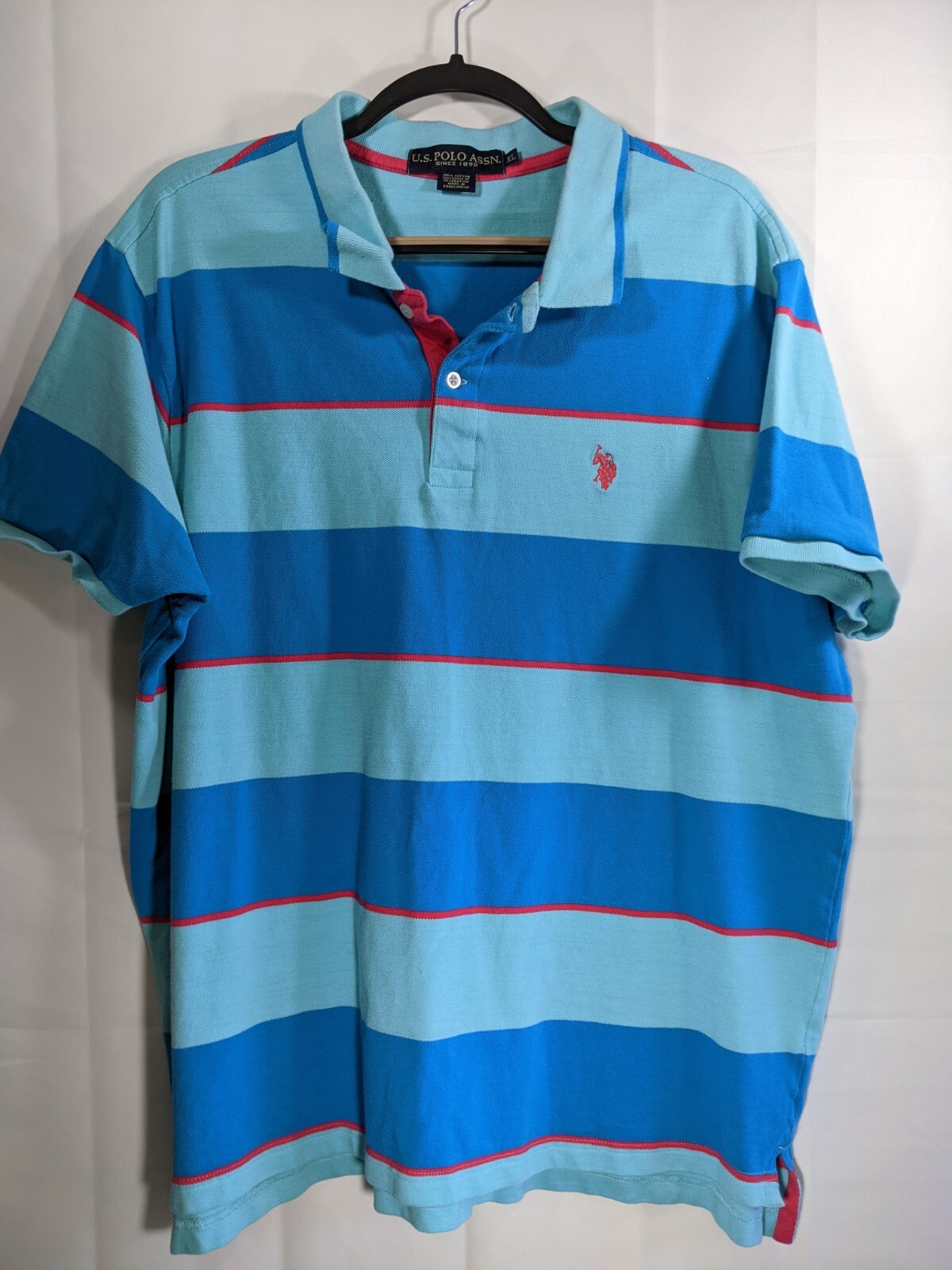 US Polo Assn Shirt Men’s Size XL Short Sleeve Blue Red Pony Striped Polo Cotton