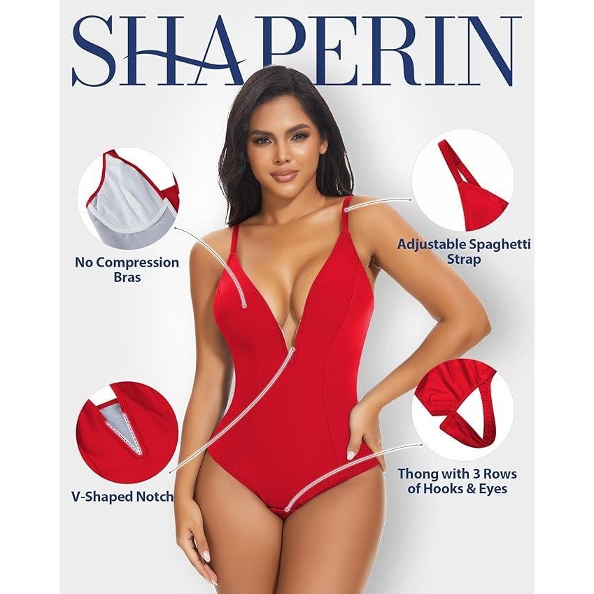 MSRP $49 SHAPERIN Women’s M Bodysuit Shapewear Tummy Control Deep V Neck Plu
