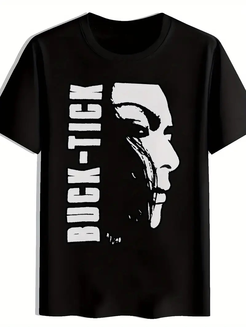 Men’S Black T-Shirt with “BUCK-TICK” Graphic Print – Retro Rock Band Design, Sho