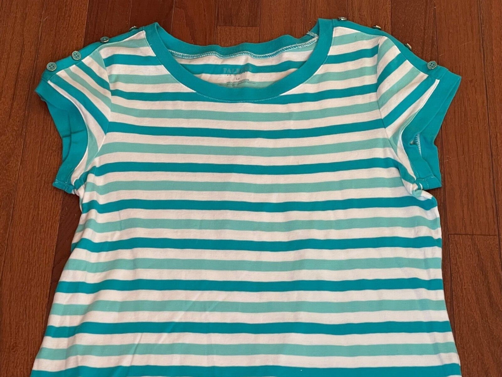 Talbots Petites Womens Turquoise and White Striped Top Shirt Size Large LP