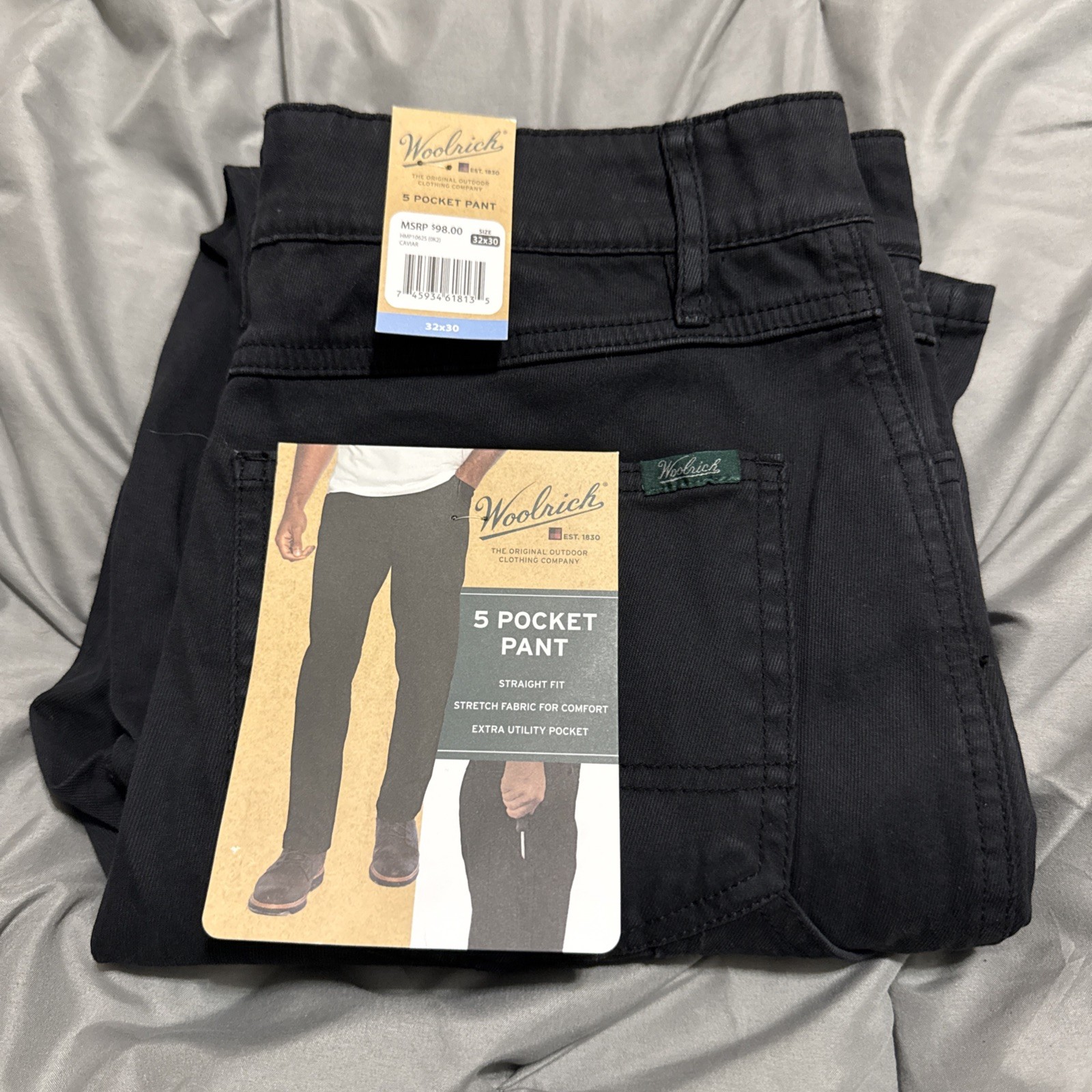 WOOLRICH MEN’S CANVAS 5 POCKET PANTS Black 32 Waist 30 Length Straight fit 32×30