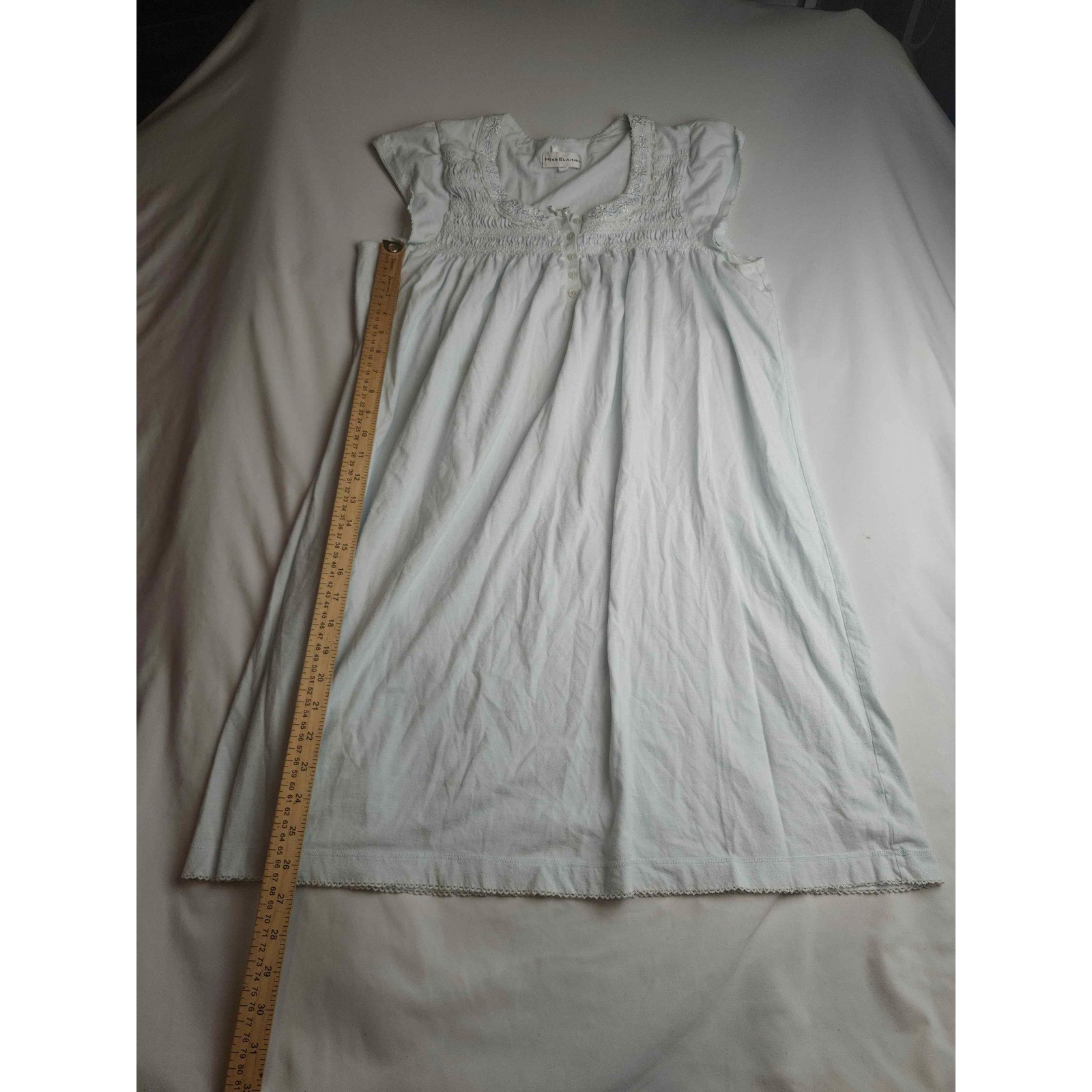 Miss Elaine Nightgown Small Light Blue Smocked Floral Embroidered Sleepwear