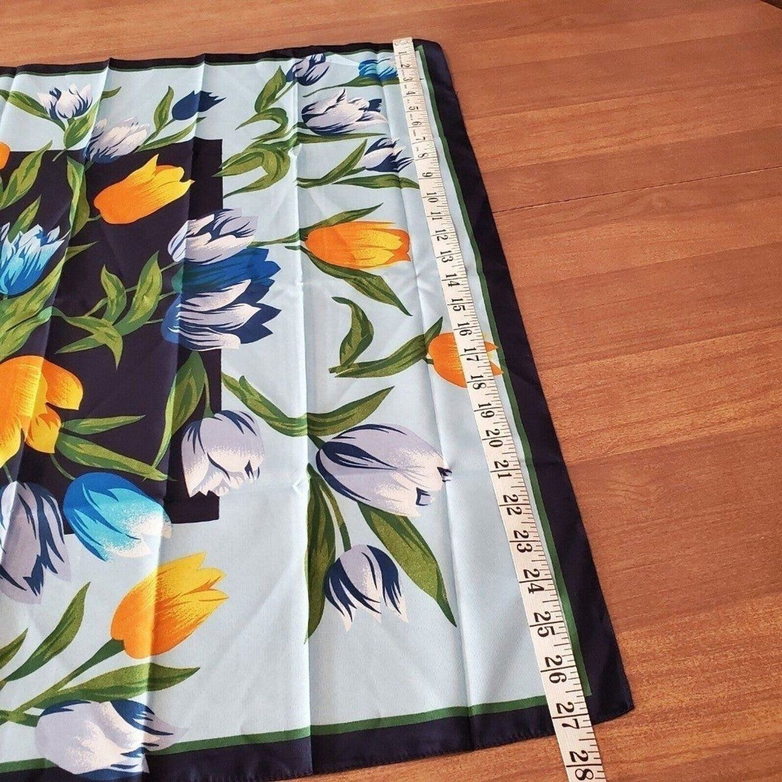 Womens Vintage Navy Blue Multicolor Tulip Floral Polyester Square Scarf Border