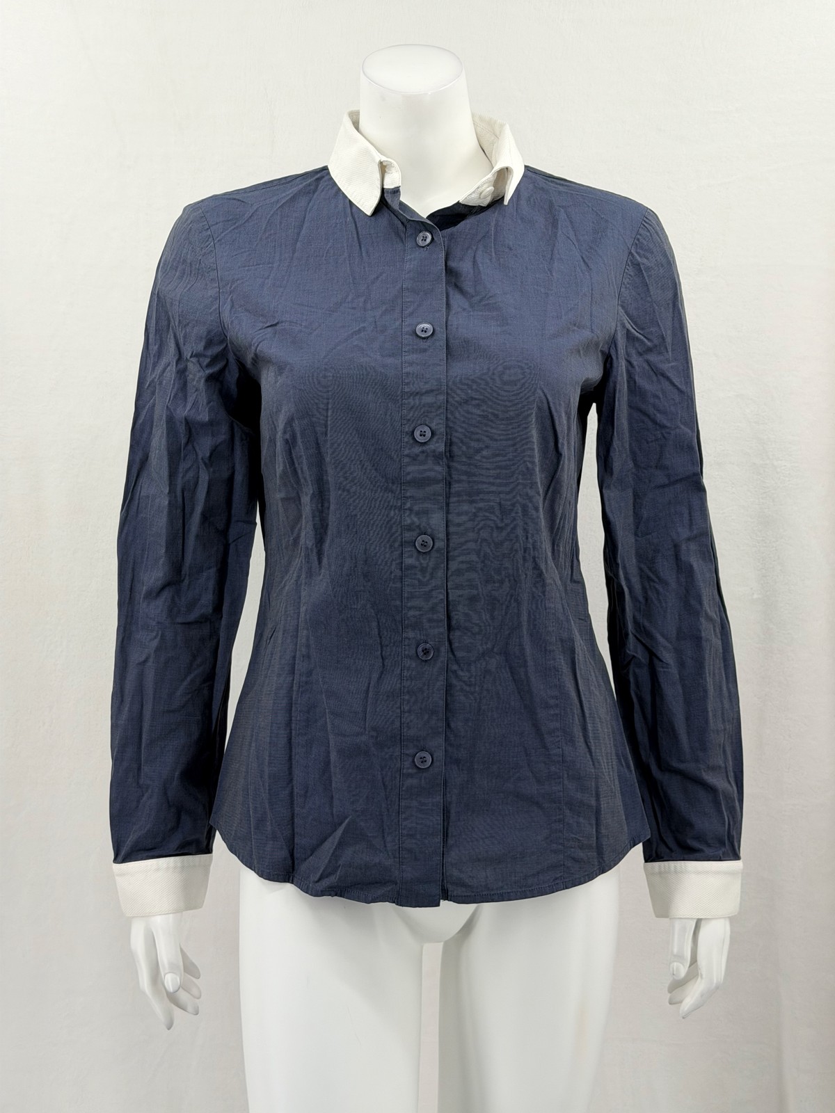 St John Top Womens 6 Navy Button Up Contrast Collar Office Classic Preppy Work