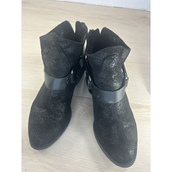 Black Textured Moto Ankle Boots Size 7 Harness Buckle Studded Back Zip Festival