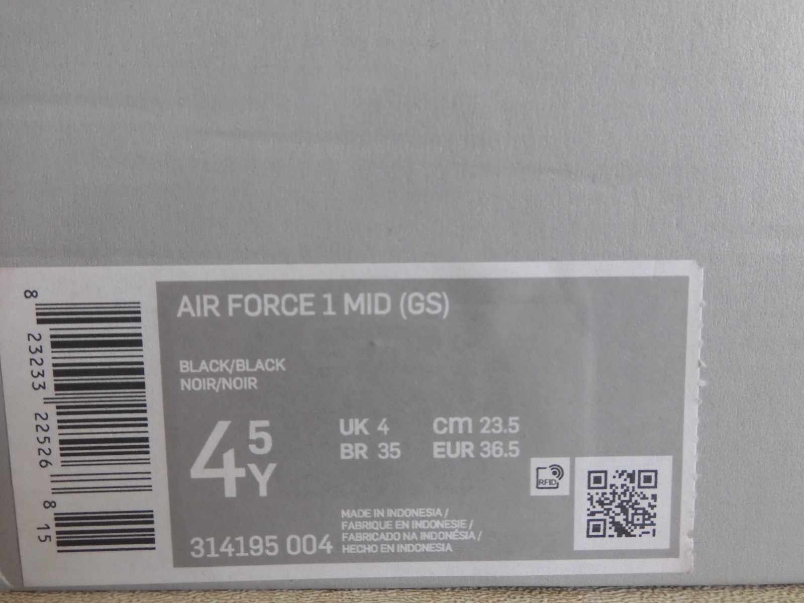 Nike Air Force 1 Mid (GS) All Black Black-Black Sz 4.5Y [314195-004]