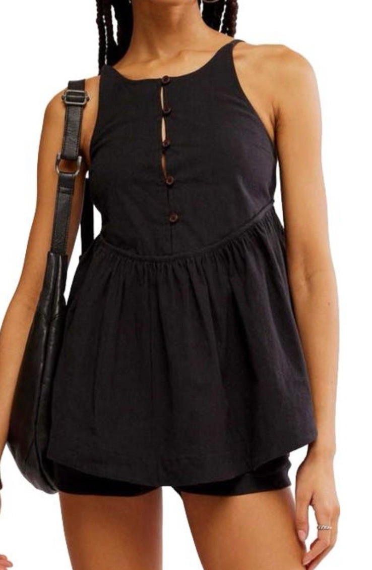 Free People Small Tabea Babydoll Tank Linen Cotton Button Strap