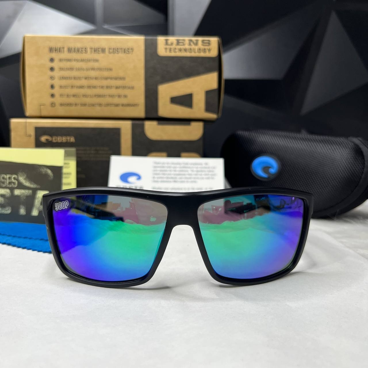 Costa Del Mar Sunglasses Matte Black Frame Blue Green Mirror Polarized 580P