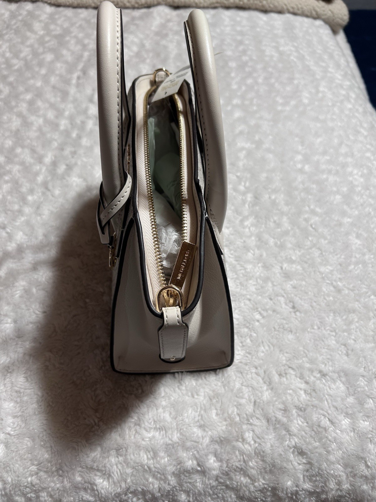 Michael Kors Avril Small Top Zip Satchel Cream/Gray Monogram Logo Strap Charm