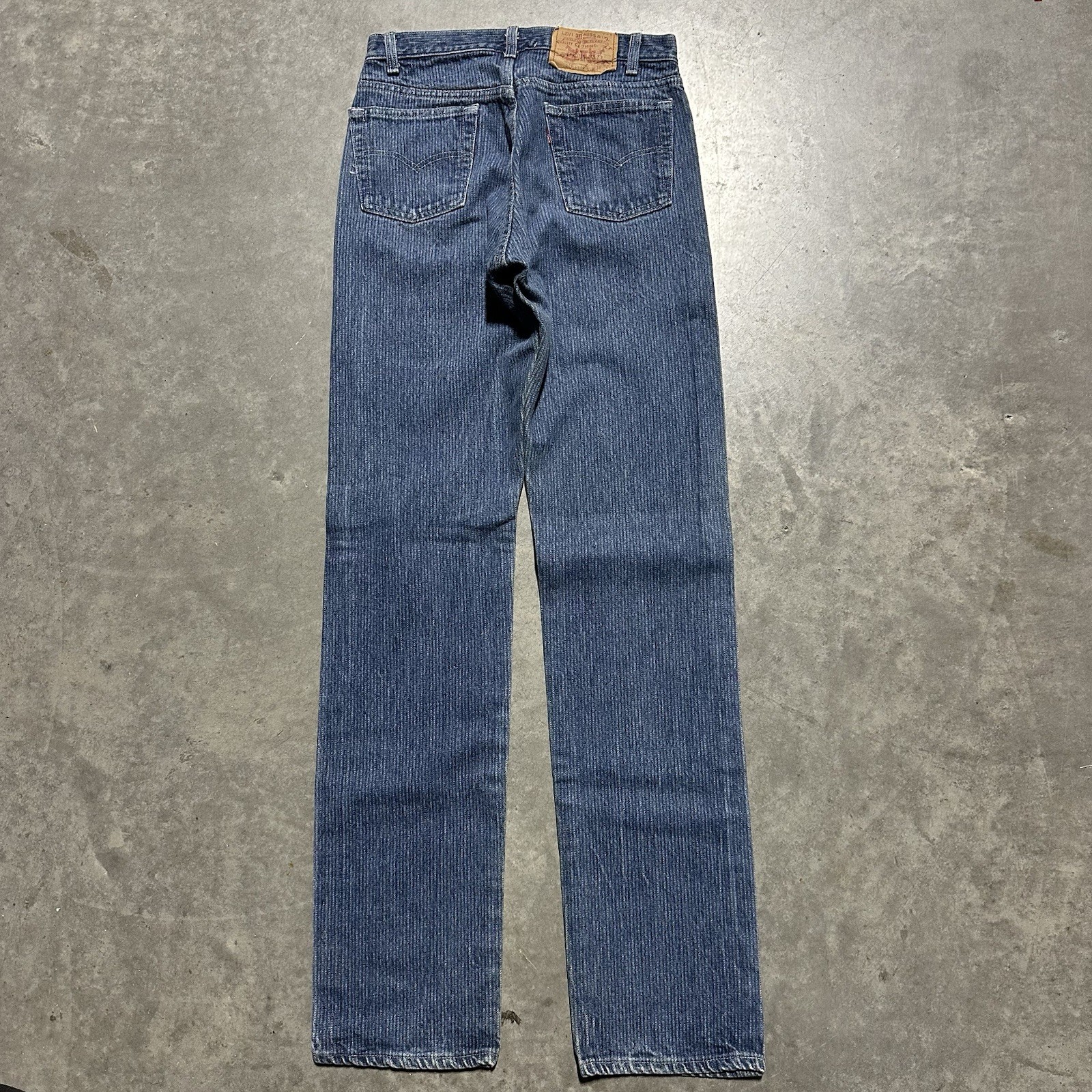 Vintage 80’s Levi’s 501 29×35 Wabash Pinstripe Blue Jeans Button Fly Made USA
