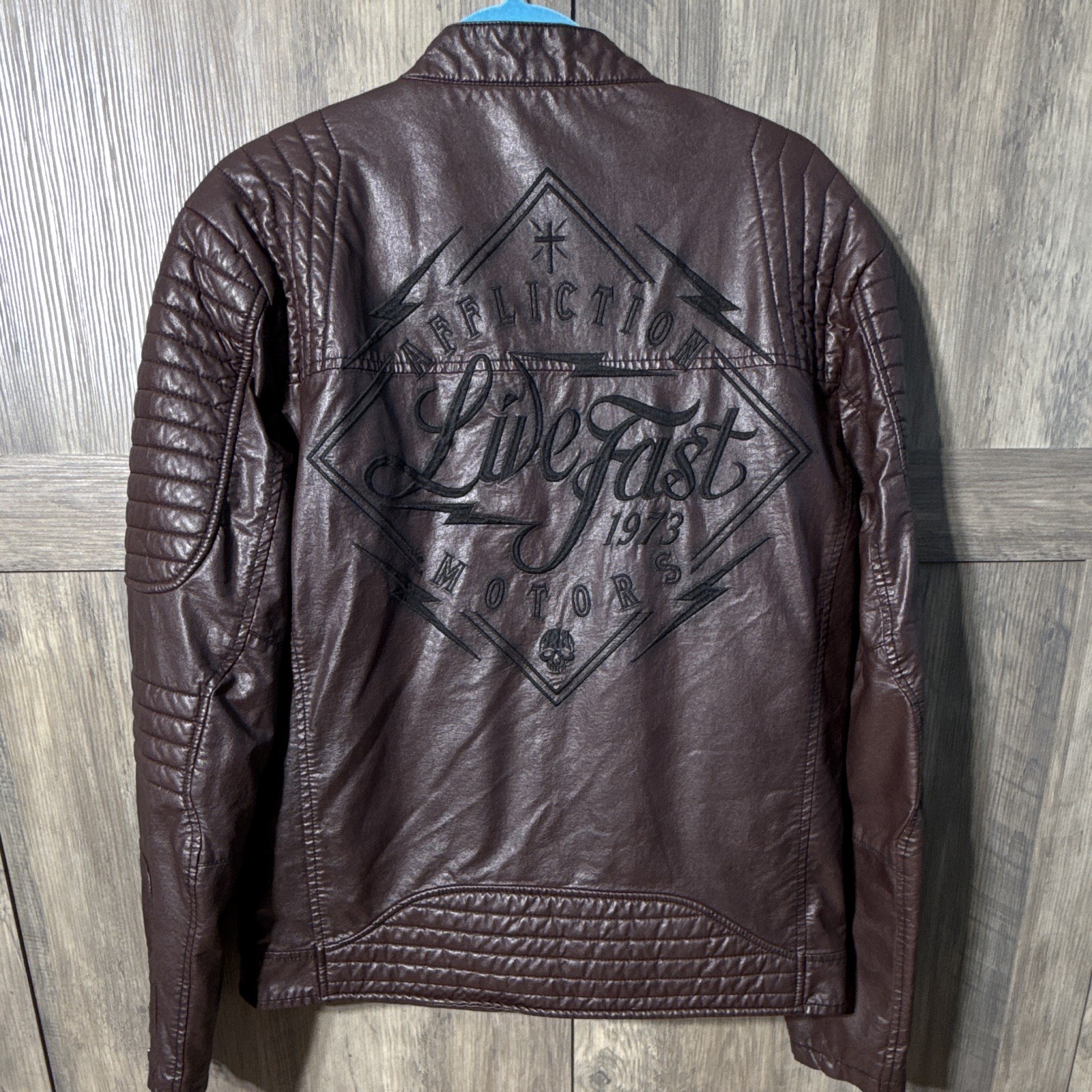 Affliction Men’s Brown Leather Biker Jacket Full Zip Quilted Stand-Up L