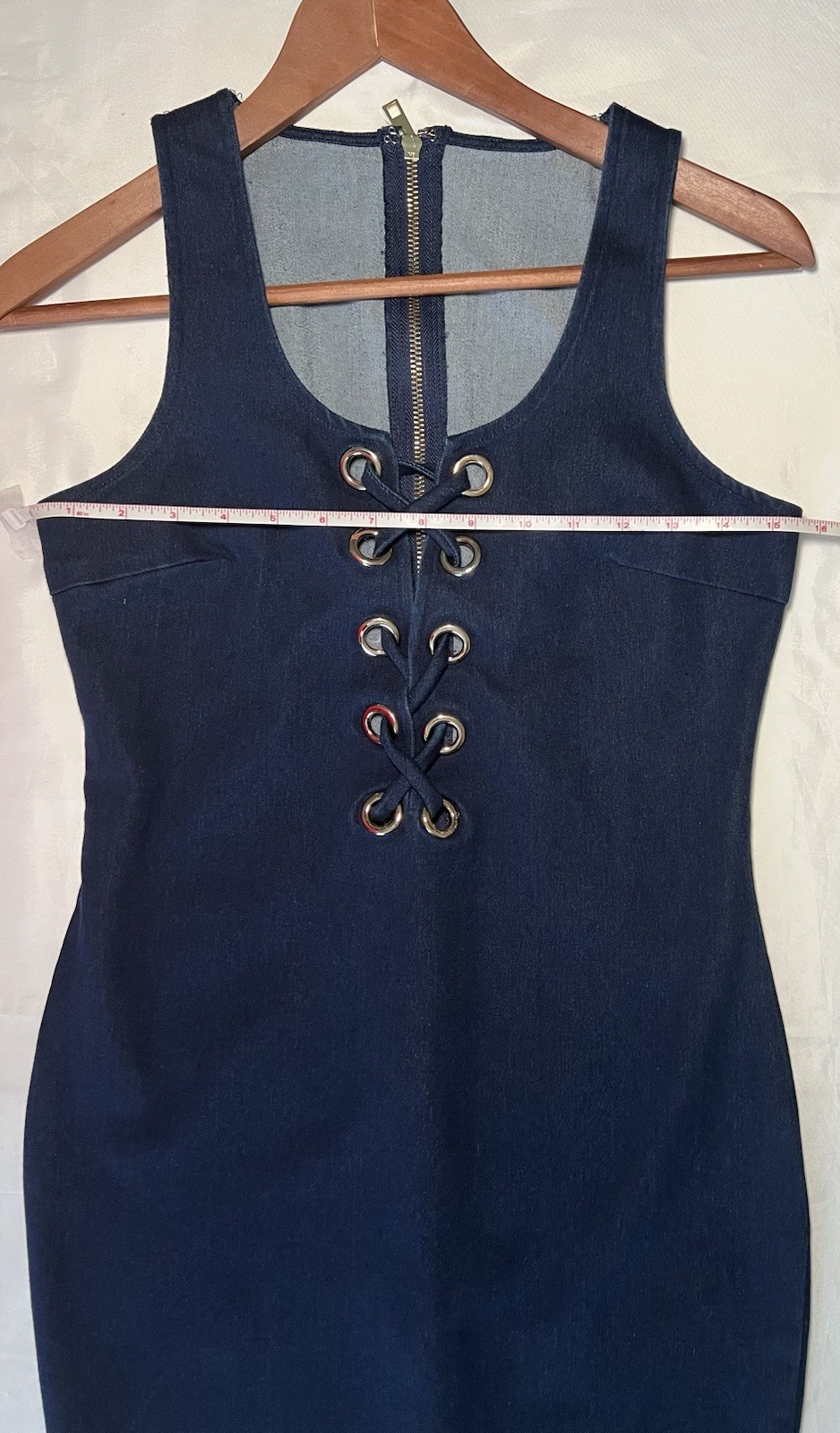 Blue Denim Solid Scoop Neck Sleeveless Bodycon Dress Lace-Up Grommet Zip S
