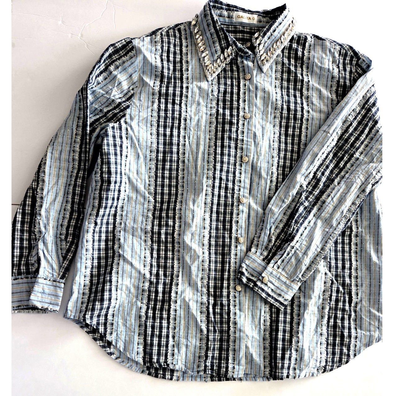 Galita Plaid Rhinestone Western Style Shirt Blouse Womens Large Blue White