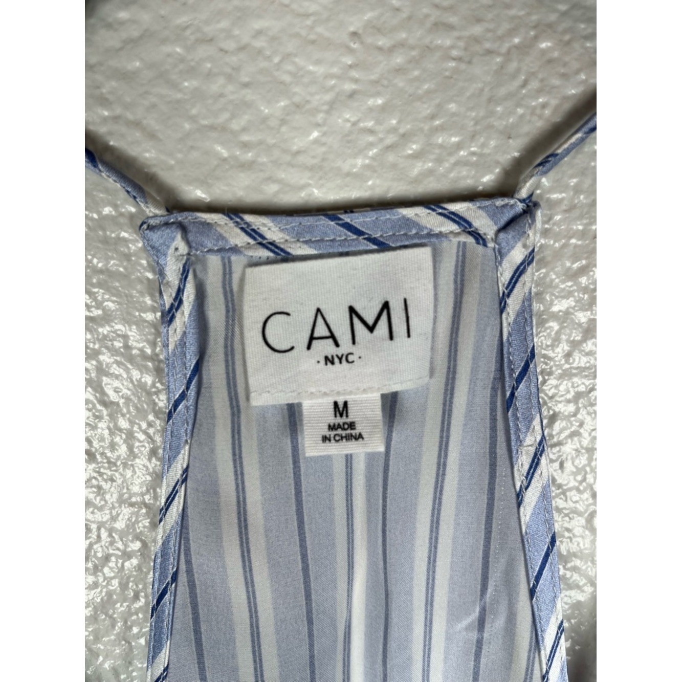 Cami NYC The Racer 100% Silk Lace Trim Camisole Blue & White Pinstripe MD