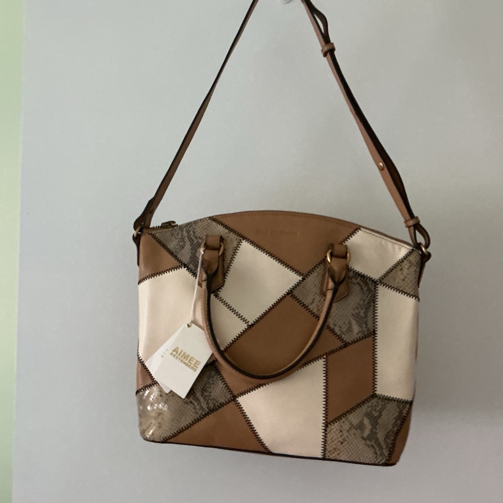 NWT Aimee Kestenberg Cream Tan Snake-Print Stitching Convertible Satchel MNF$248