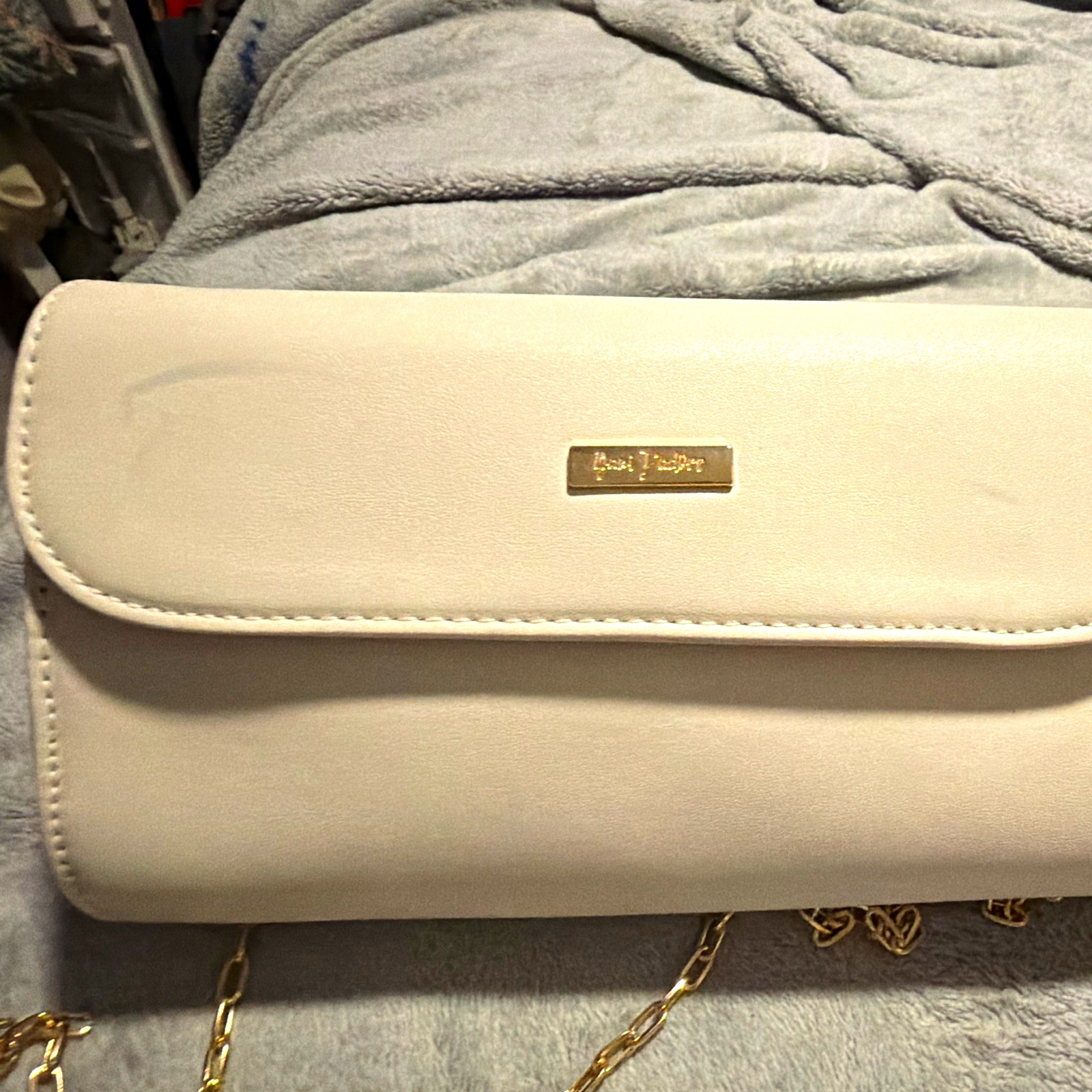 Debenhams Beige Clutch Purse Gold Chain Strap Detachable Strap Snap, Pockets