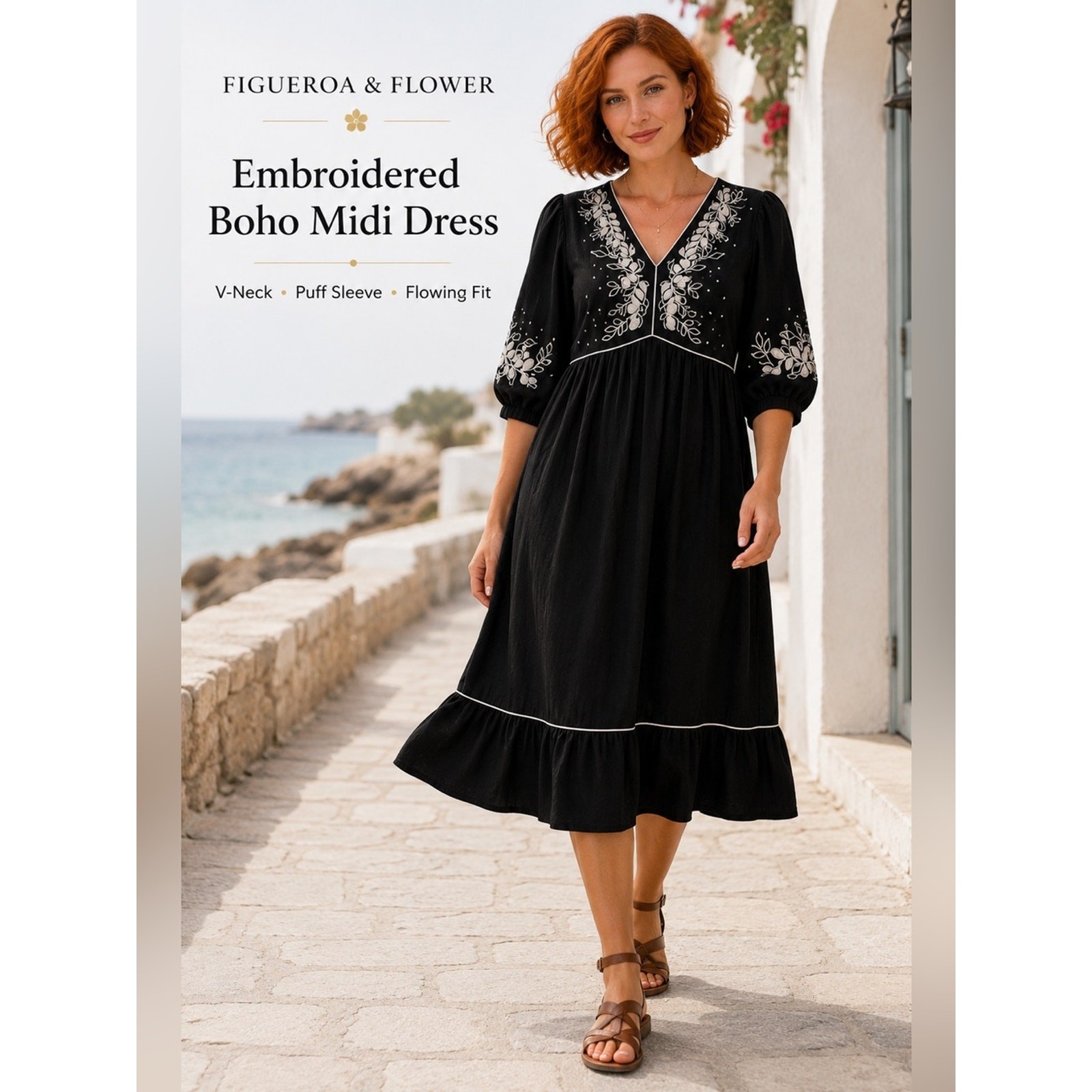 Figueroa & Flower Embroidered Boho Midi Dress Black Size Small