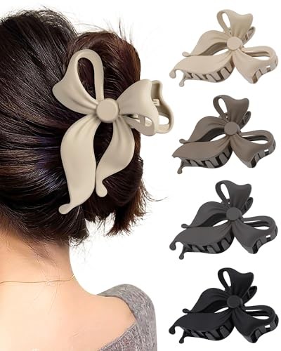 4 Pack Cute Bow Claw Clip for Women, Nonslip 4.1″ Black, Grey, Khaki, Brown