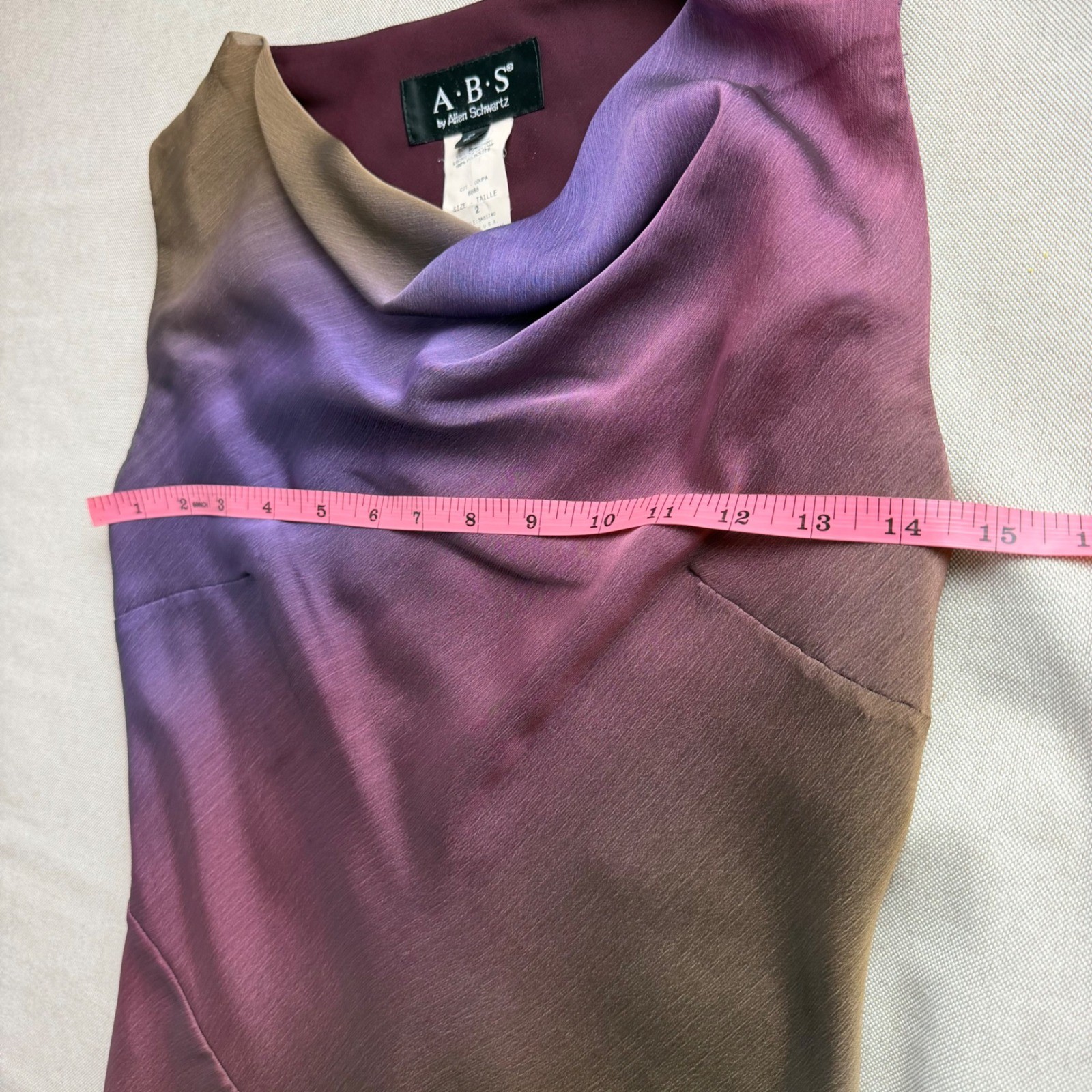 VTG Allen Schwartz Sz 2 Rainbow Ombre Cowl Neck Mini Dress Purple Green Y2K 90’s