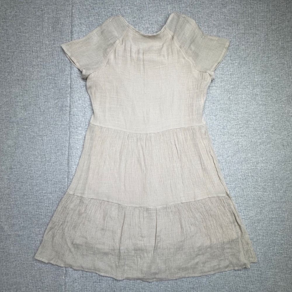 Indigo Rose Size M Beige Linen Mini Dress Button Front Lace Yoke Crochet Insert