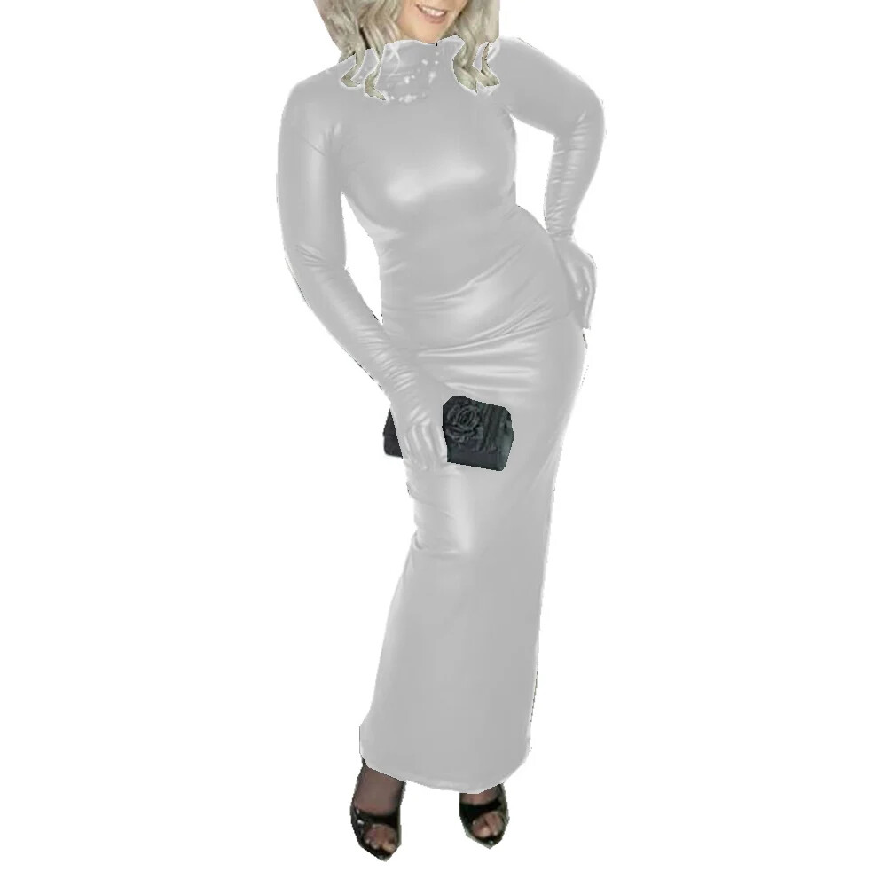 Women Wet Look PU Leather High Neck Sheath Dress Sexy Stretch Dress With Gloves