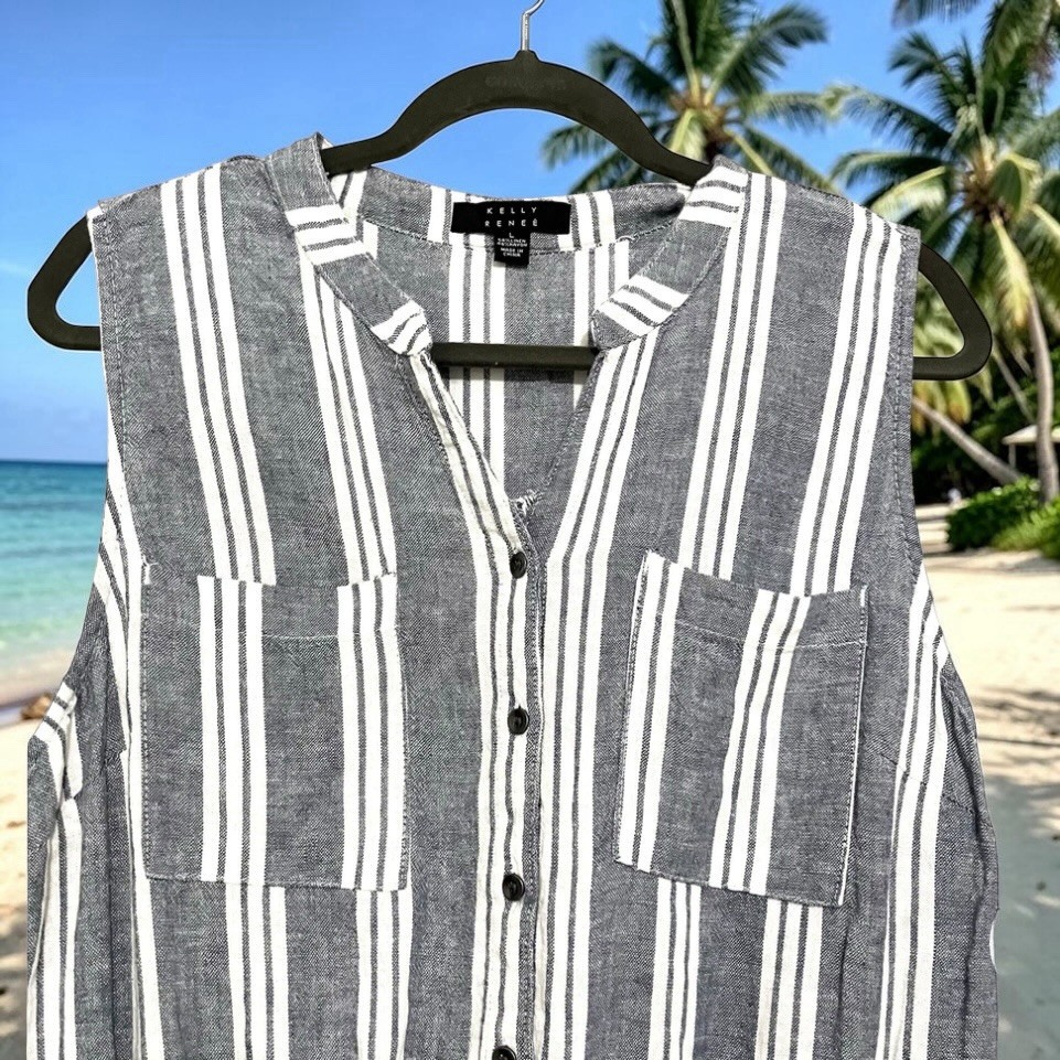 NWT Linen Blend Romper Womens Large Blue White Stripe Drawstring Summer Vacation