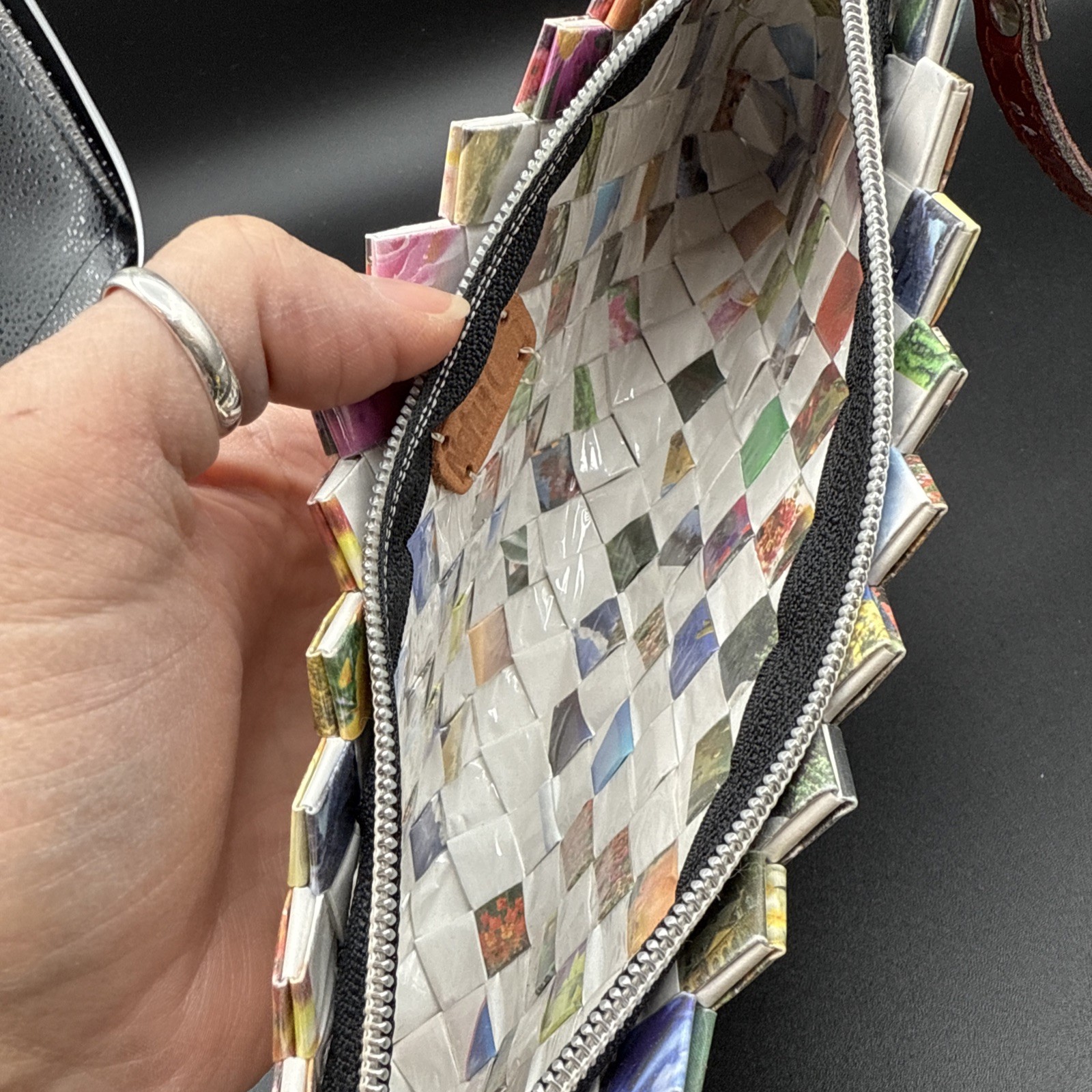 Nahui Ollin White And Floral Candy Wrapper Clutch Purse Wristlet Zip Top Woven