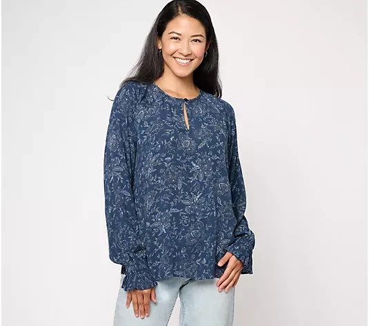 #AC 2013 Encore by Idina Menzel Split Neck Ruffle Cuff Print Crepe Top Size XXS