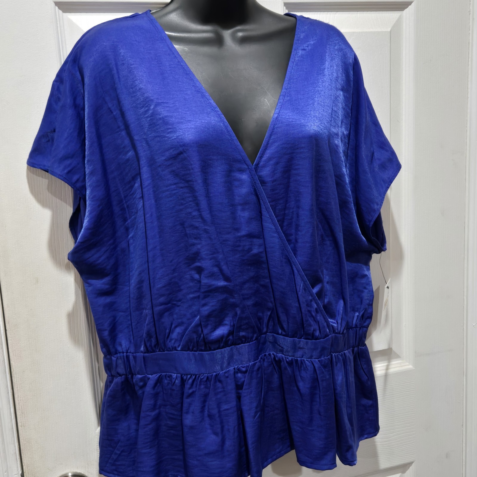 NWT Nine West XL Blue Blouse V-neck Wrap-front Batwing Short Sleeve