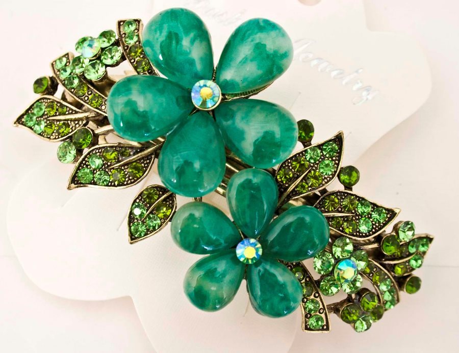 New Gold Tone Flower Rhinestone green Color Hair Clip Barrette HA9028