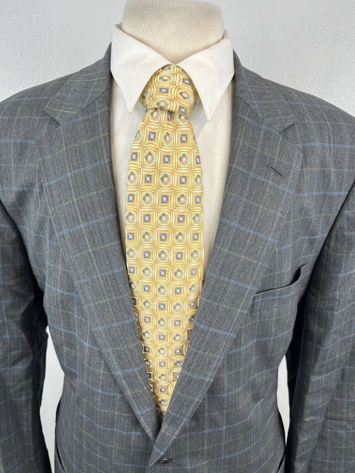 Tom James Corporate Image Men’s Gray Windowpane Wool Sport Coat Blazer Size 42 L