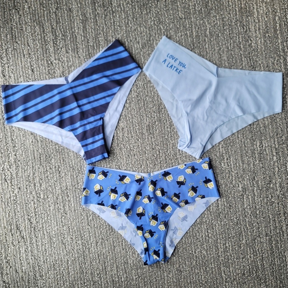 Aerie NWT ‘Love You A Latke’ 3-Pack No Show Cheeky Panty Set Size Small In Blue