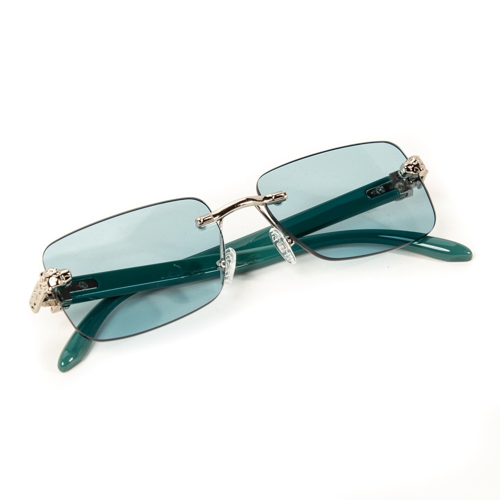 Mens Turquoise Tint Rimless Silver Frame Vintage Leopard Head Sunglasses
