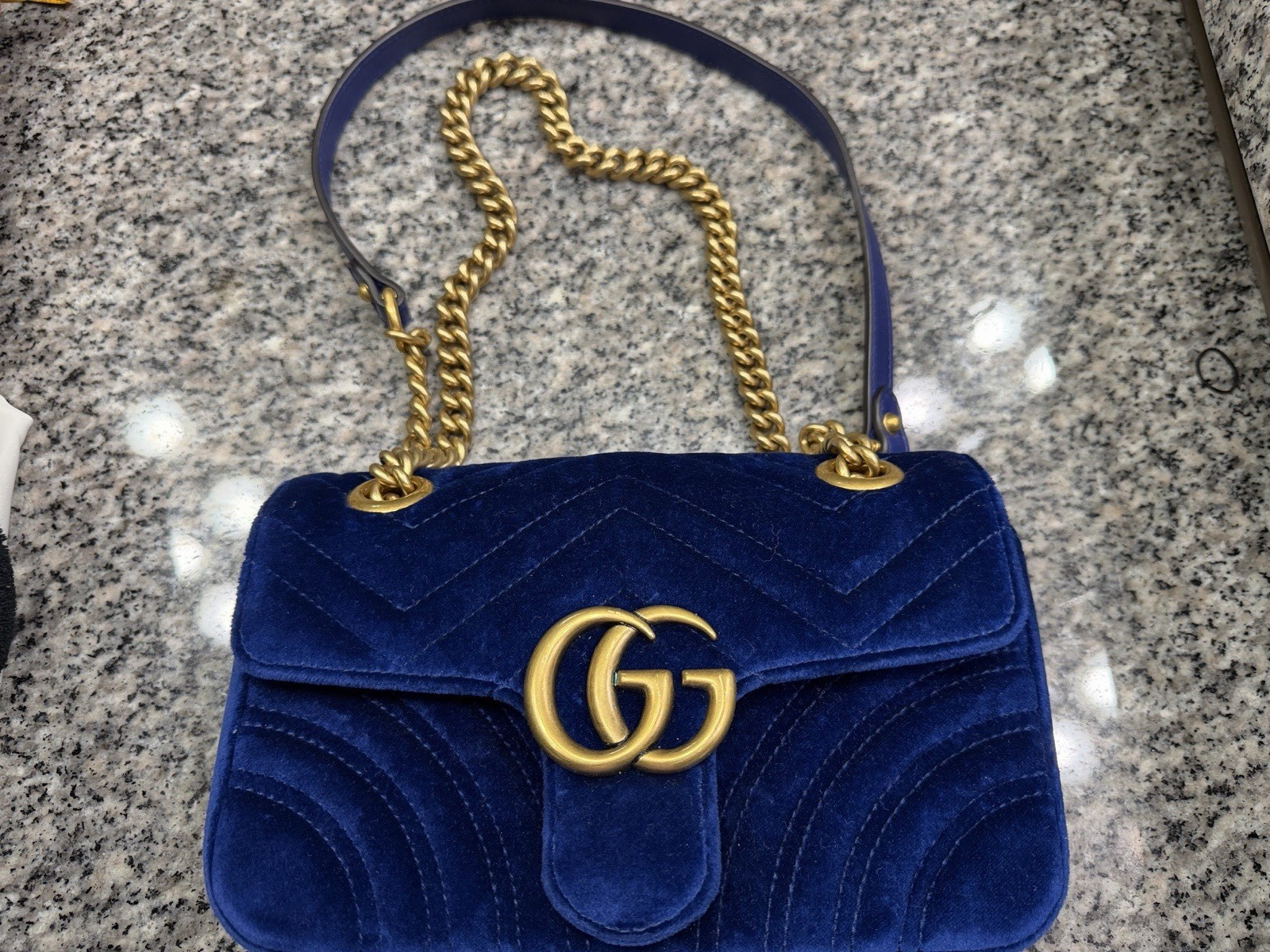 Gucci GG Marmont Blue Velvet Matelasse Shoulder Bag Gold Chain Strap