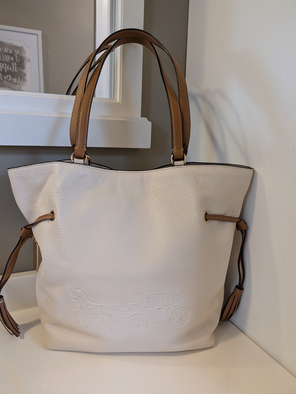 Coach Andy Tote CA165 Horse and Carriage Chalk Pebble Leather Shoulder Tote