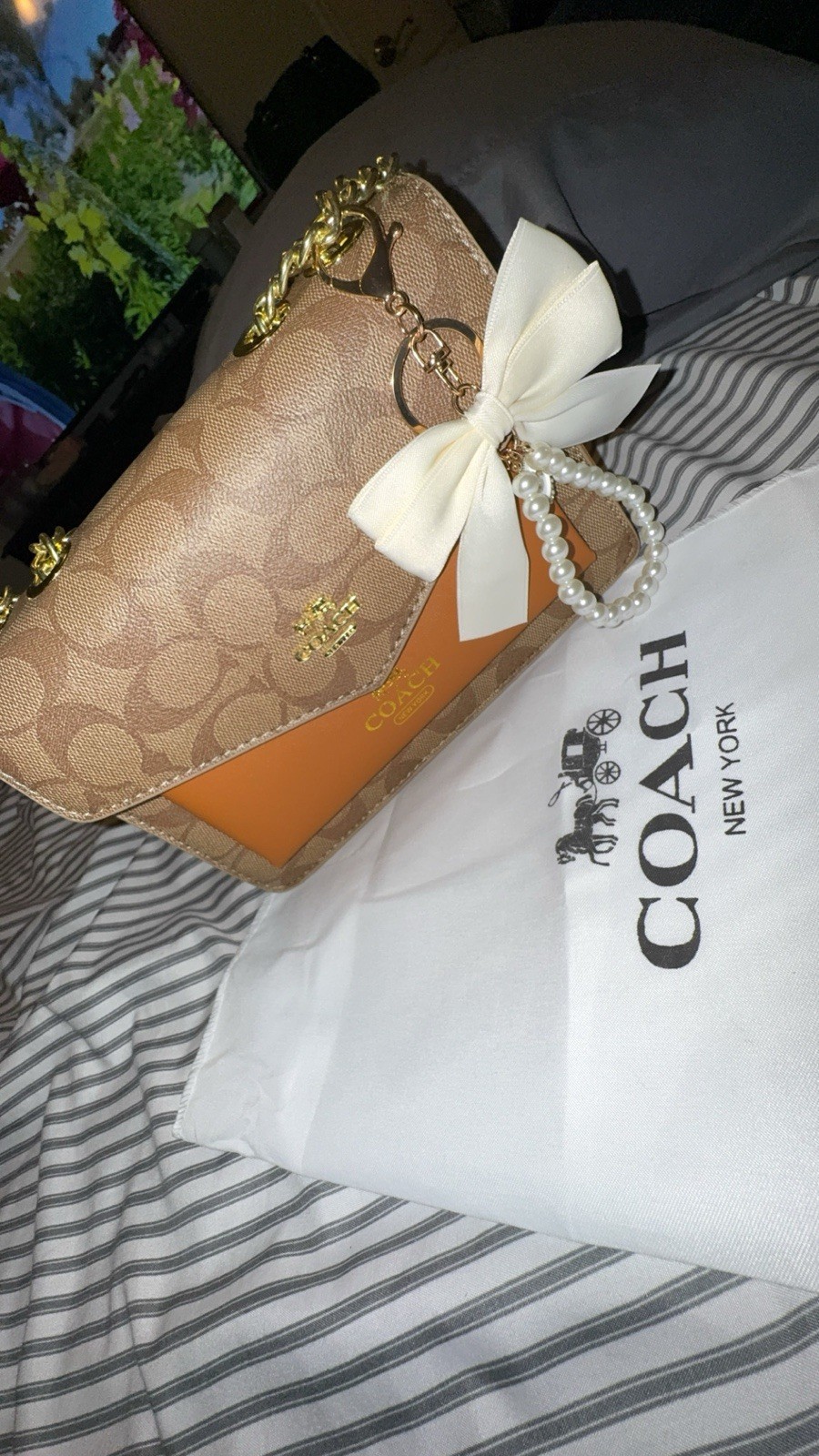 COACH Signature Small Crossbody Bag Beige/Brown/Orange Gold Chain Bow Charm