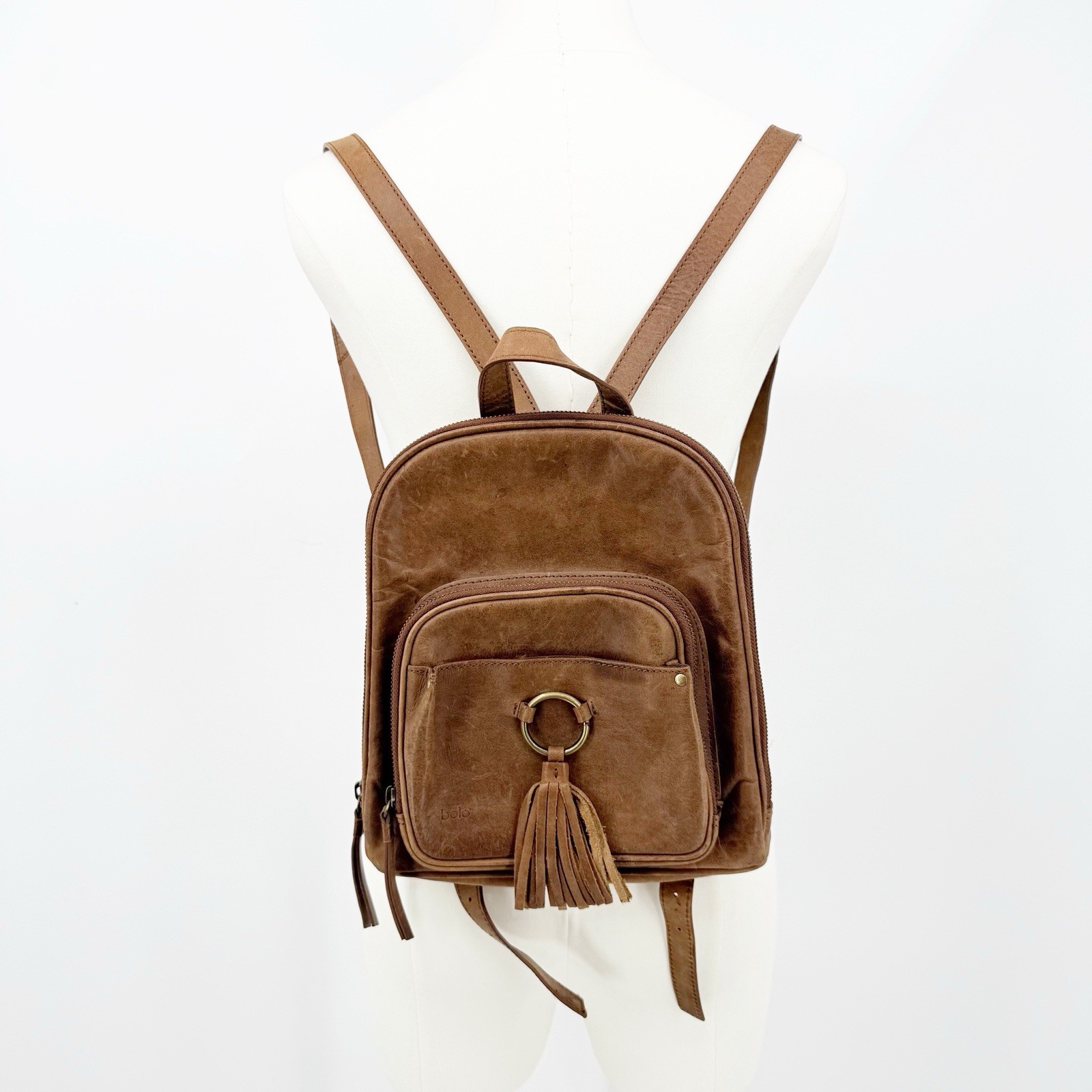 Bolo Brown Genuine Leather Mini Backpack Purse Tassel Front Pocket YKK Zip Boho