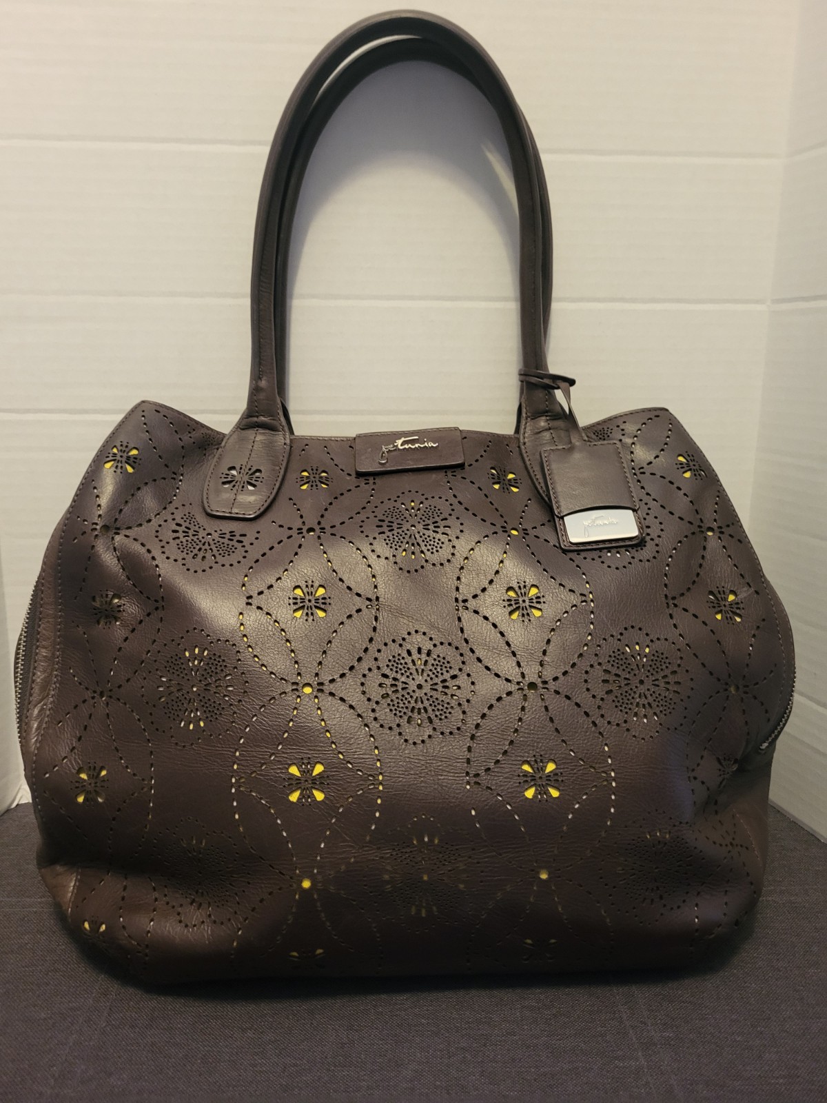 Petunia Pickle Bottom Brown Leather And Sepia Tote Handbag Purse Cutout Floral