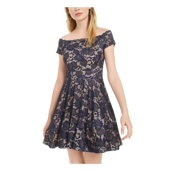 B. Darlin Black Lace Nude Lining Fit & Flare Off Shoulder Mini Dress Size 5/6