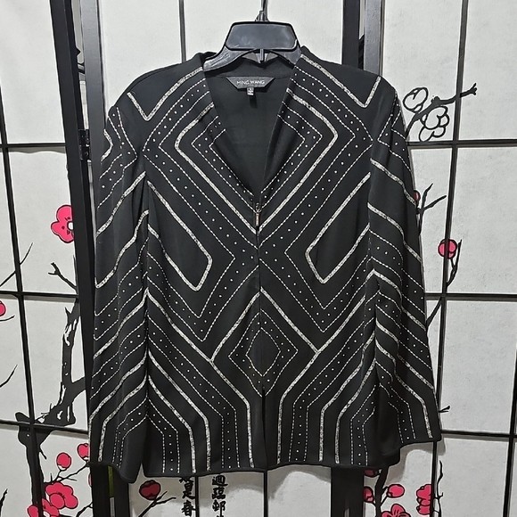 Ming Wang Black and Silver Patterned Jacket Large