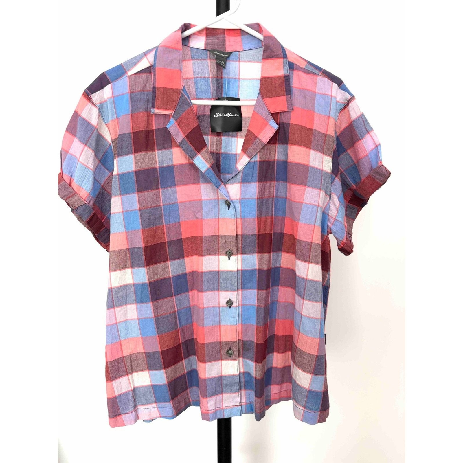 NWT Eddie Bauer Packable Camp Shirt XL Plaid Coral Blue Cottagecore Outdoorsy